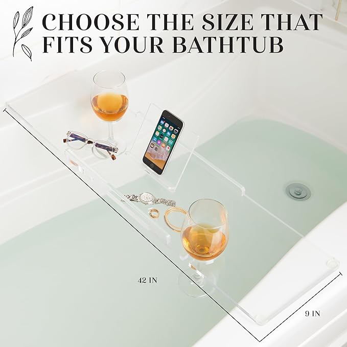 42" Supreme Plus- Luxury Bathtub Caddy - 3/8" Thick, Clear Bath Tub Tray Table for 1 or 2 Bathers, Acrylic Bath Tray Bathtub Caddy, Book, iPad and 2 Wine Glass Holders (42")
