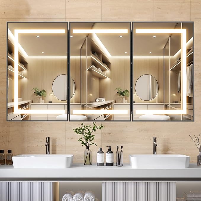 APRILSOUL 60X32 Inch Black Bathroom Medicine Cabinet with Mirror, Recessed or Surface Lighted Medicine Cabinet with 3 Colors Temperature, Dimmable Light