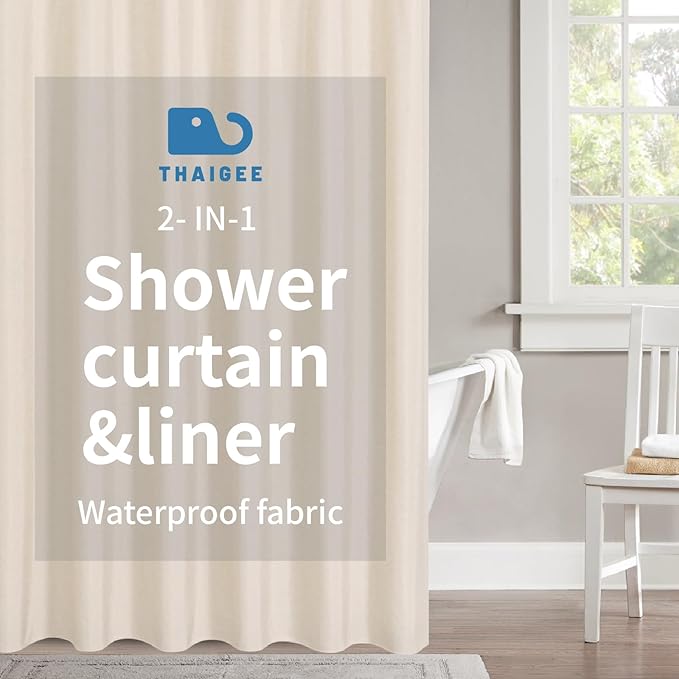 2-in-1 Waterproof Extra Long Fabric Shower Curtain or Liner,Linen Textured,84 Inch Breathable TPU & Washable Bathroom Shower Curtain Set with 12 Plastic Hooks,Modern,72"x84" Cream