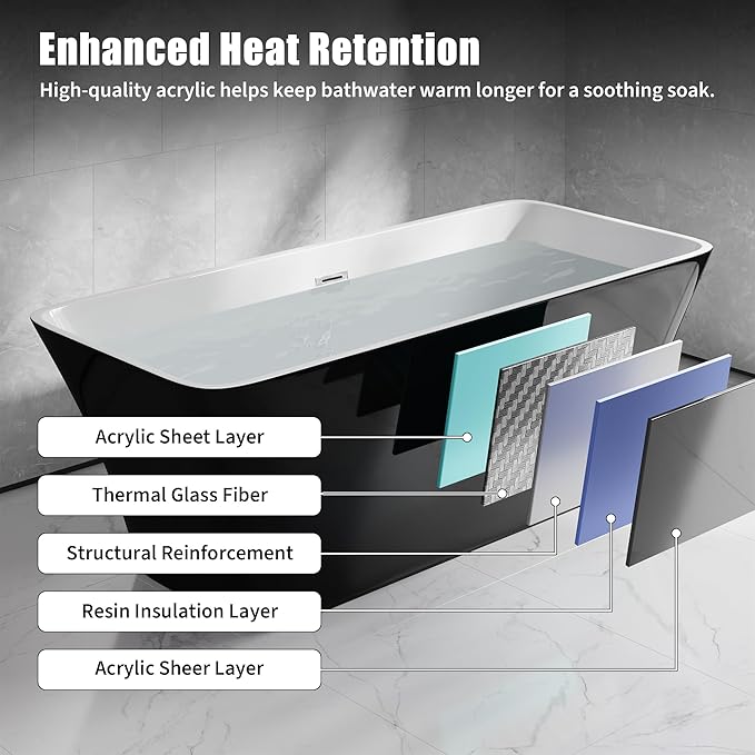 67" Acrylic Freestanding Bathtub - Glossy Black Rectangle Soaking Tub with Chrome Overflow & Drain Kit, CUPC Certified