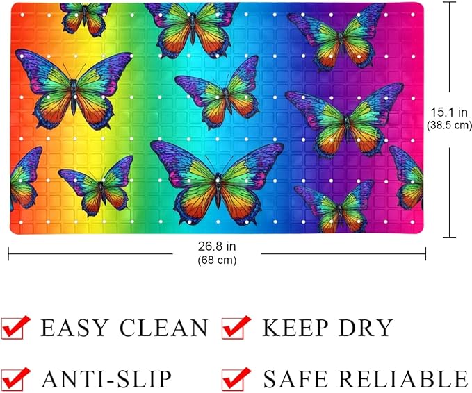 Bath Tub and Shower Mats, Non Slip Bathmat with Drain Holes and Suction Cups for Bathroom Floor, 15.1 x 26.8 Inch (Colorful Butterflies on Vibrant Gradient Background)