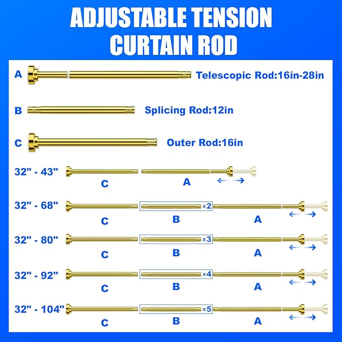 Ausemku Shower Curtain Rod - 32-68 Inch Rustproof Tension Rod, Non-Slip Spring Design, No Drilling Adjustable Curtain Rod for Bathroom, Kitchen, and Closet（Gold）