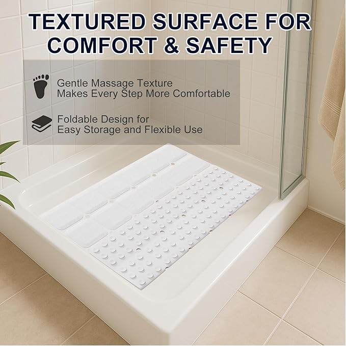 Anti Slip Shower Mat for Tub & Shower Stall, 21" x 21" Square Silicone Bathtub Mat with Powerful Suction Cups, Fast-Draining, Machine Washable Soft Foldable Bathroom Mat, White