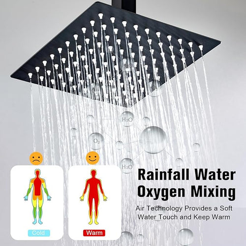 12 Inch Ceiling Mount Shower System Matte Black Rain Mixer Shower Combo Set High Pressure Rainfall Shower Head System Bathroom Luxury Shower Faucet Set Rough-in Valve and Shower Trim Included