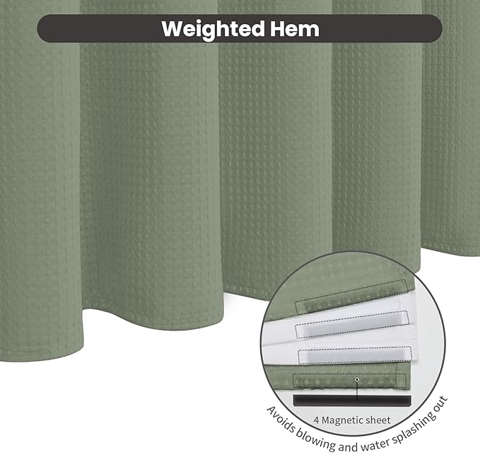 Inhousolu No Hook Waffle Weave Shower Curtain with Removable Snap in Fabric Liner Set for Bathroom, 230 GSM Heavy Duty Weighted Hem, Water Repellent Washable Bath Curtains, 60 x 72 Inch, Sage Green