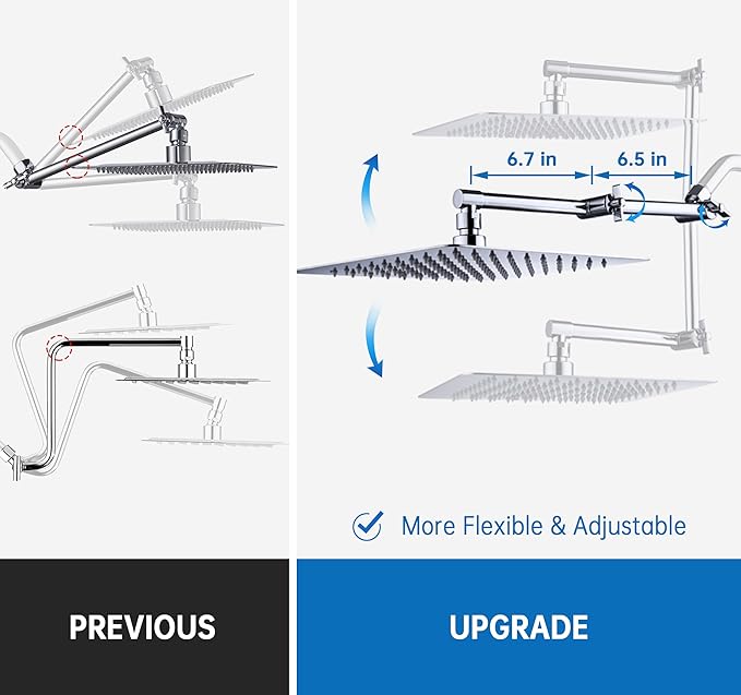 G-Promise 13 Inch Shower Head Extension Arm, Solid Brass Height & Angle Adjustable Extender, Rise or Lower Rainfall and Fixed Shower Head (Chrome)