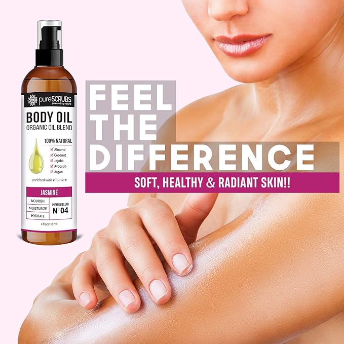 pureSCRUBS Ultra Moisturizing Jasmine Body Oil Spray for Dry Skin, Massage, Cuticles & More - Organic Super Blend of Jojoba, Argan, Coconut, Sweet Almond & Avocado Enriched with Vitamin E, Lg 4oz