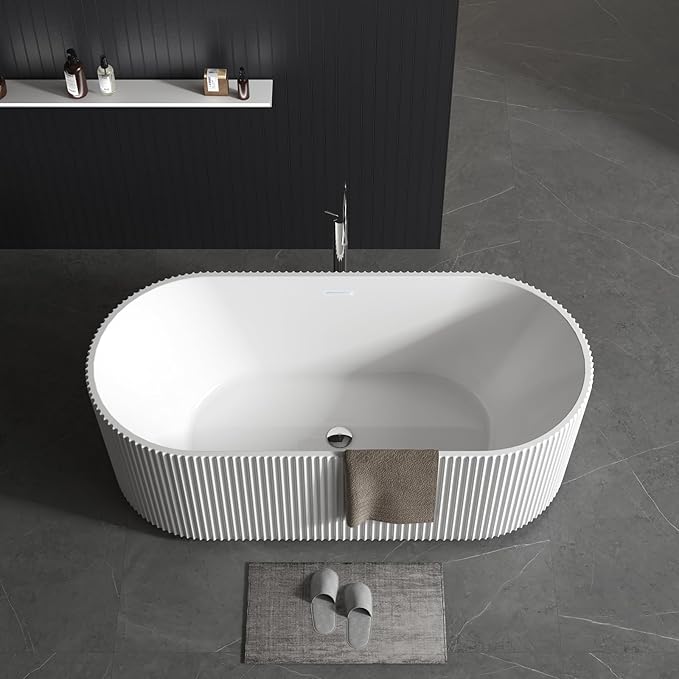 59" Acrylic Freestanding Bathtub with Textured Stripes, Deep Soak Tub, Space-Saving, Glossy Surface, Luxury Spa Design for Modern Bathrooms