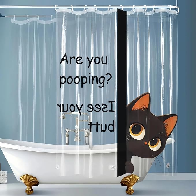 Clear Cute Funny Black Cat Shower Curtain Liner, Are You Pooping Shower Curtain, Fun Anime Cat Shower Curtains for Bathroom, 72x72 Plastic Cool Summer Shower Curtain Set with Weighted Magnets 12 Hooks