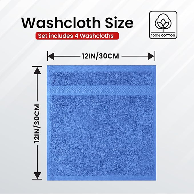 Infinitee Xclusives Luxury Wash Cloths for Showering [13x13] – 100% Cotton Washcloths [Pack of 4], Soft and Absorbent Face Towels for Bathroom Wash Clothes, Gym, and Spa (Eloquent Blue)