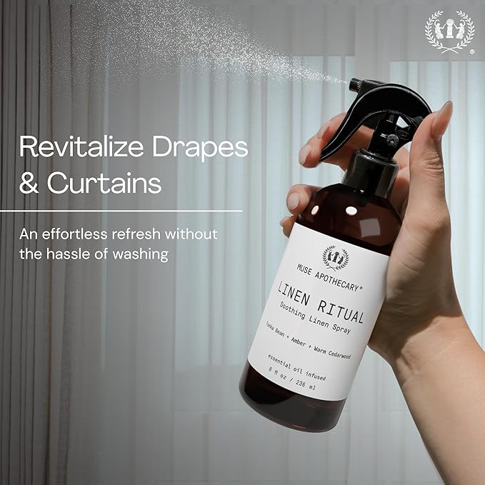 Muse Apothecary Linen Ritual - Aromatic, Soothing, and Relaxing Linen Mist, Laundry and Fabric Spray - Infused with Aromatherapy Essential Oils - 4 oz, Bergamot + French Lavender + Sandalwood,