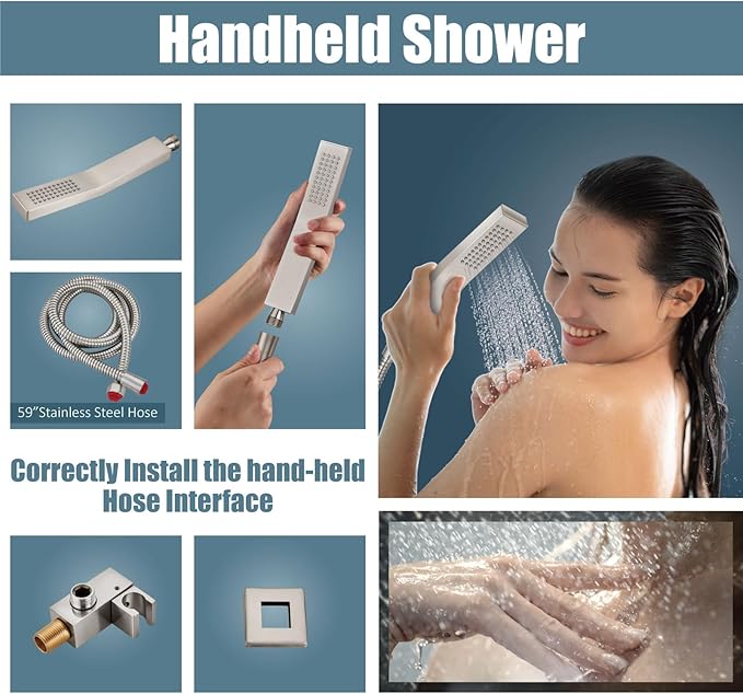 Aolemi Ceiling Mount Shower System Rain Shower Head with Handheld Spray High Pressure Shower Faucet Set Rough-in Valve Shower Trim Kit Included Bathroom Brushed Nickel 12 Inch Ceiling Shower Head
