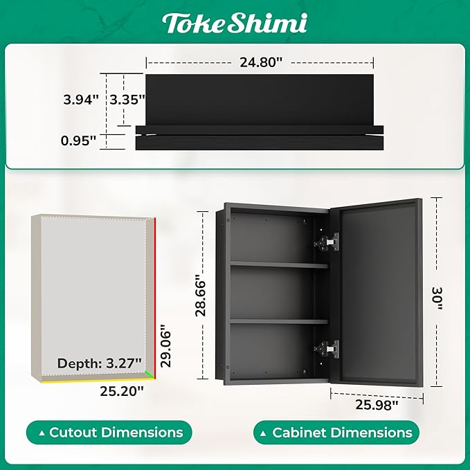 TokeShimi 26x30 Recessed Medicine Cabinet with Mirror Wall Mounted, Metal Beveled Mirror with Storage for Bathroom Vanity, Aluminum Alloy Medicine Cabinet Mirrored Black