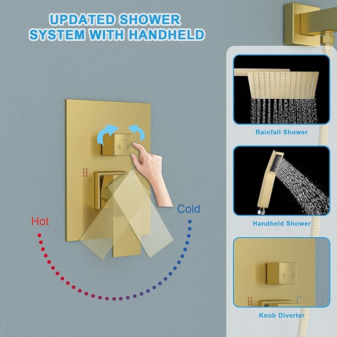 Gold Shower Faucet - Lordear 10 Inch Rain Shower System Wall Mounted Shower Head Faucet Set Stainless Steel Showerhead with Handheld Combo and Solid Brass Valve, Brushed Gold Finish