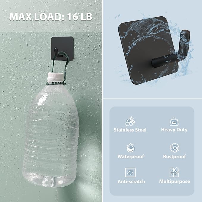 VIS'V Adhesive Hooks, Heavy Duty Shower Wall Stick on Hooks, Waterproof, 2 Extra Adhesive Strips, Black, 4 Pcs