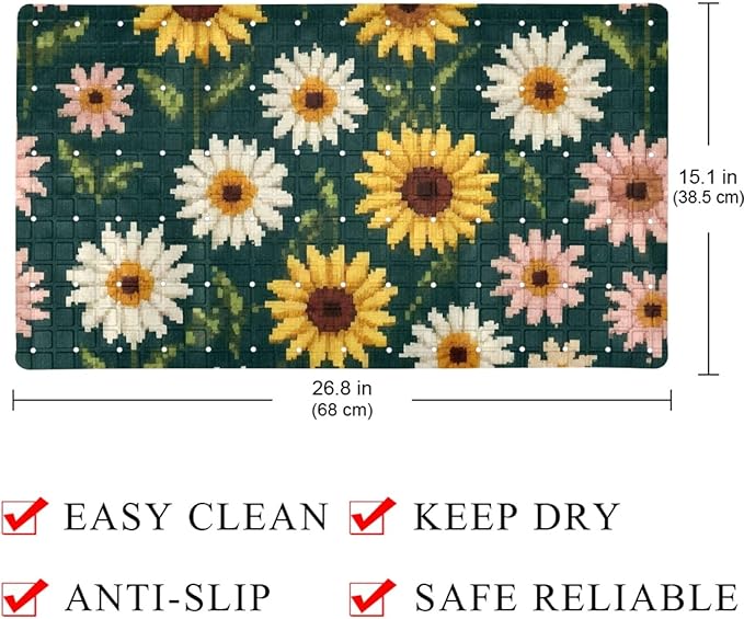 Bath Tub and Shower Mats, Non Slip Bathmat with Drain Holes and Suction Cups for Bathroom Floor, 15.1 x 26.8 Inch (Cute Pixel Daisies Floral Pattern)