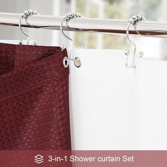 3 in 1 Extra Long Burgundy Shower Curtain Set-72 W x 84 H, Modern Waffle and PEVA Liner Set with 12 Stainless Steel Hooks, Waterproof Fabric for Bathroom