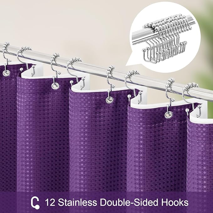 3 in 1 Stall Half Size Purple Shower Curtain Set-36 W x 72 H, Modern Waffle Waterproof Fabric and PEVA Liner Set with Stainless Steel Hooks