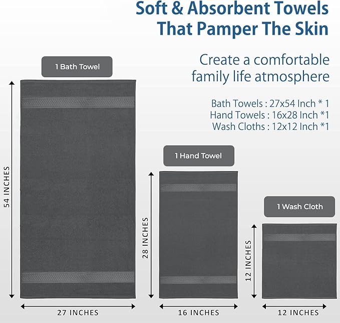 DAN RIVER 100% Ring Spun Cotton 3-Piece Towel Set, Grey, Bath Towel, Hand Towel and Washcloths, 550 GSM - Soft, Absorbent Quick Dry Cotton Towels for Bathroom, Spa, and Gym