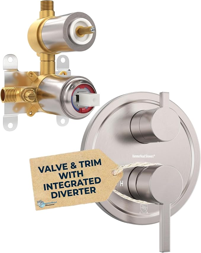 HammerHead Showers Solid Metal Two Handle Shower Valve and Trim Kit Brushed Nickel, Diverts Water Controls Volume and Temperature, Rough-In Shower Trim Kit with Valve and Pressure Balance Shower Valve