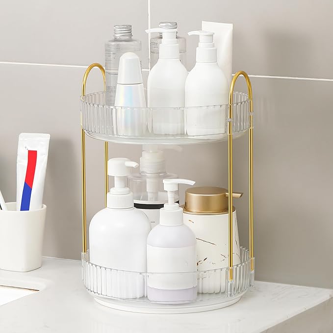 YCIA&DONE 360 Rotating Makeup Organizer and Storage for Vanity Bathroom Countertop, High Capacity Cosmetic Skincare Perfume Organizers for Dresser Lazy Susan (Clear White,2 Tiers)