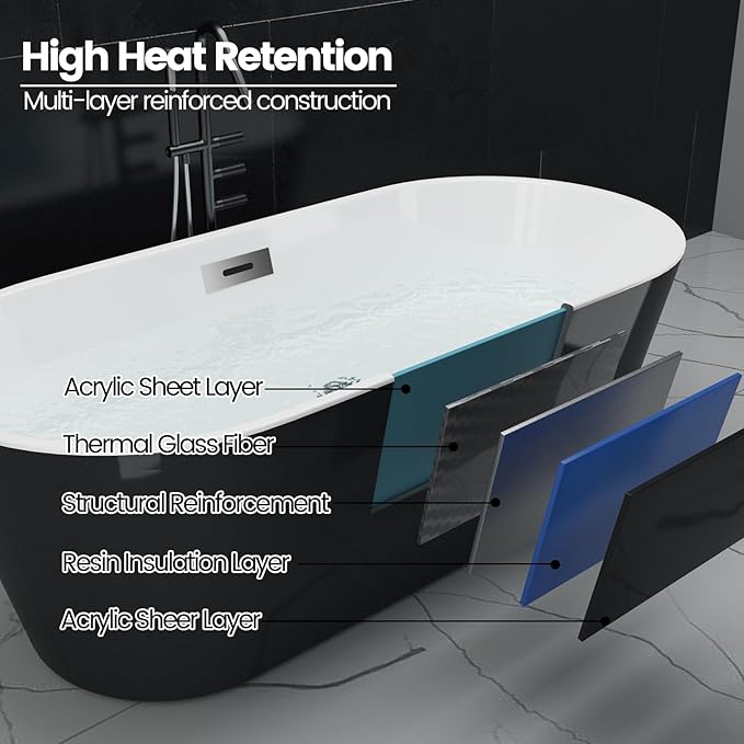 59 in Acrylic Freestanding Bathtub, Contemporary Stand Alone Tub,Black Soaking Tub, Oval Bathtub with Chrome Overflow and Drain, CUPC Certified