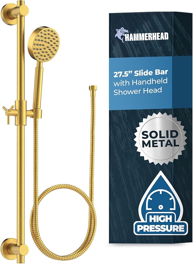 HammerHead Showers® Solid METAL 27.5 Inch Shower Slide Bar Set and Handheld Shower Head with Hose — BRUSHED GOLD — 2.5 GPM High Pressure Spray Wand — Easily Adjust Height & Angle of Handshower