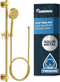 HammerHead Showers® Solid METAL 27.5 Inch Shower Slide Bar Set and Handheld Shower Head with Hose — BRUSHED GOLD — 2.5 GPM High Pressure Spray Wand — Easily Adjust Height & Angle of Handshower