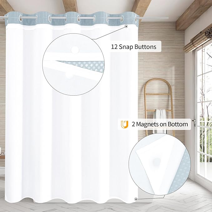 MitoVilla No Hooks Needed Blue Waffle Shower Curtain Liner Set, Modern Waffle Weave Heavy Duty Fabric Cloth Shower Curtain with Snap-in Liner for Luxury Neutral Hotel Spa Bathroom Decor