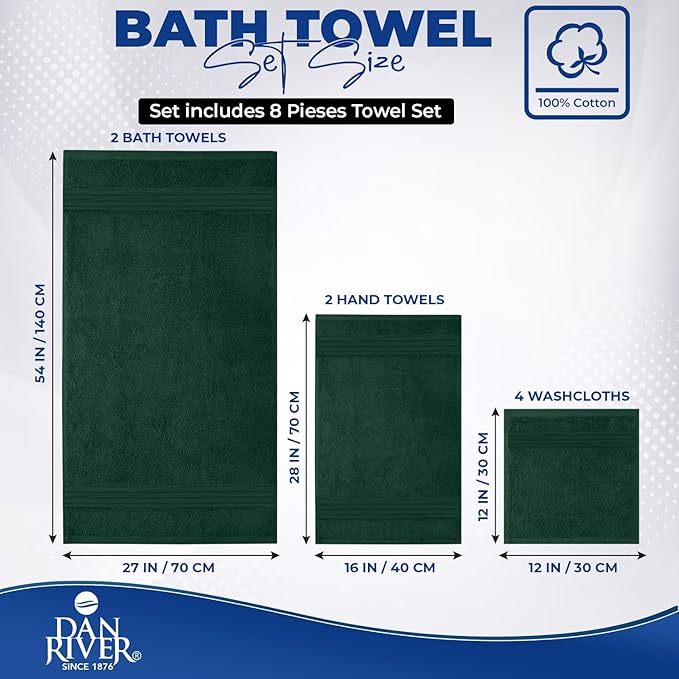 DAN RIVER 8 PC Luxury Bath Towels for Bathroom, 2 Bath, 2 Hand, and 4 Wash Cloths, 600 GSM 100% Ring Spun Cotton Towel Set, Highly Absorbent, Gym, Hotel, and Spa, Hunter Green