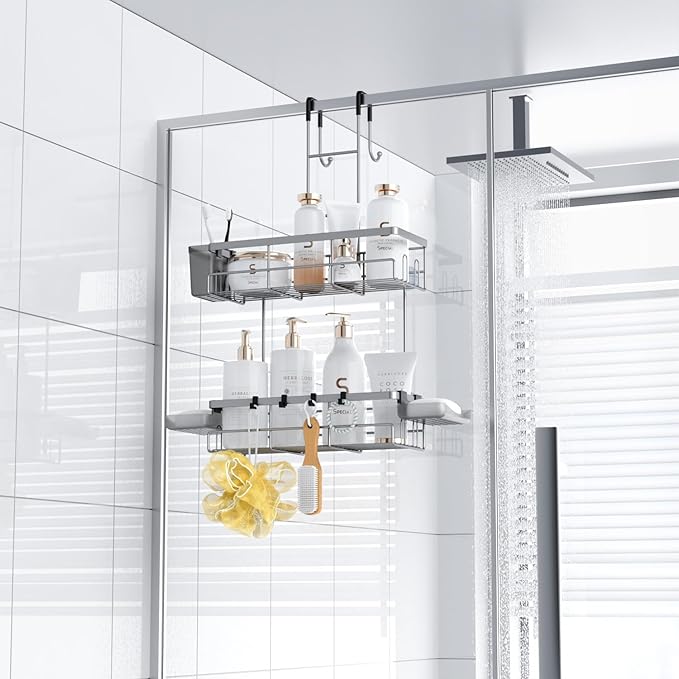 Hanging Shower Caddy Over Door: Silver Rustproof Shower Organizer over the Door - No Drilling Bathroom Rack for Inside Shower