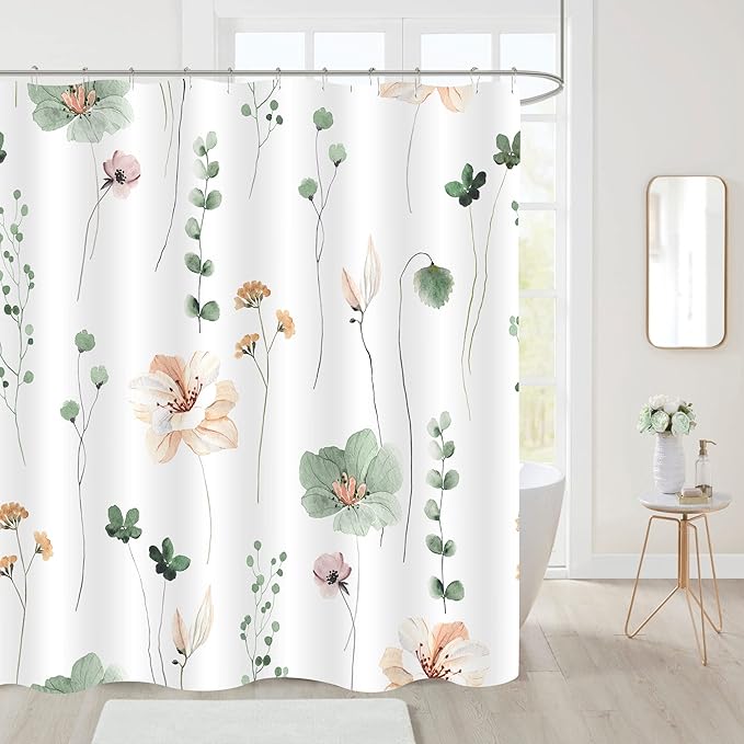 Gibelle Long Shower Curtain 72 x 78, Watercolor Floral Fabric Shower Curtain, Sage Green Beige Flower Decorative Bathroom Shower Curtain Set