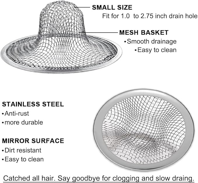 2PCS Tub Drain Hair Catcher - 2.75 inch Shower Drain Mesh Strainer, Stainless Steel Shower Bathtub Drain Cover, Bathroom Sink Strainer Filter Basket for Bathroom Sink, Wash Basin Floor Drain