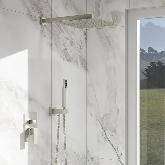 Lordear Rain Shower System 12 Inch Wall Mounted Shower Faucet Set, Brushed Nickel Stainless Steel Shower Head with Handle Set and Brass Valve Brushed Nickel 12" Shower Head
