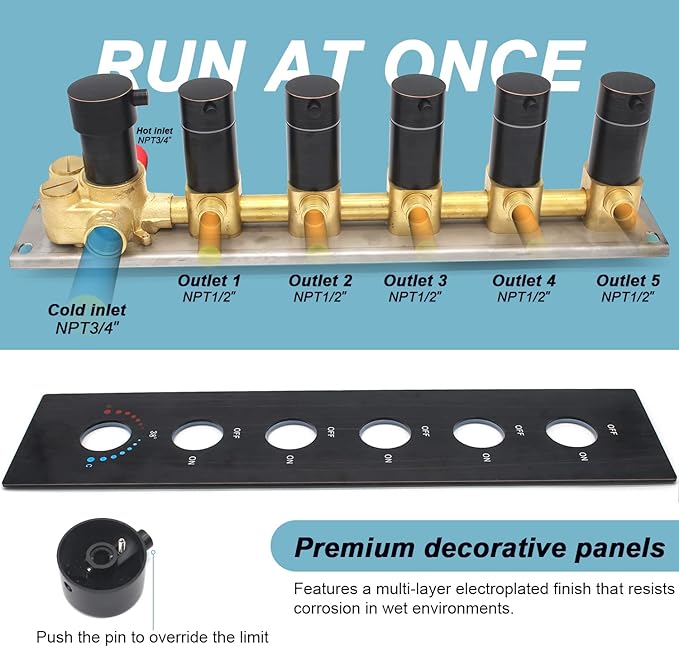 Can Run All Functions Together 5-Way Shower Diverter Valve Kit, HOMEDEC Concealed Brass Thermostatic Mixer Valve Handles Control Outlets Shower Flow(Oil Rubbed Bronze, Vertical installation)