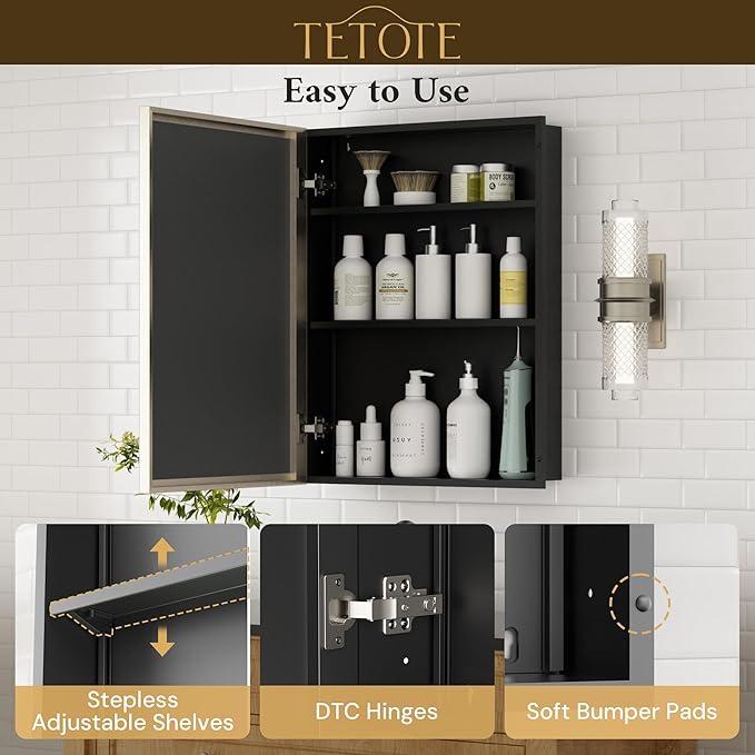 TETOTE Brushed Nickel Medicine Cabinet 20" x 26" Recessed or Surface Wall-Mounted Aluminum Alloy Framed Medicine Cabinet Stepless Adjustable Shelves