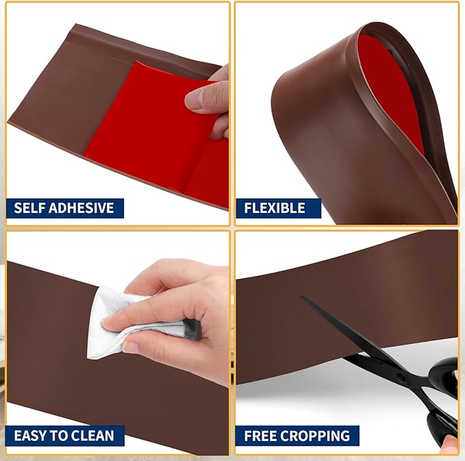 Flexible Baseboard Molding Trim 4 Inch Self-Adhesive Vinyl Wall Base Peel and Stick Cove Base Rubber Wall Baseboard Moulding Trim (20Ft, Brown)