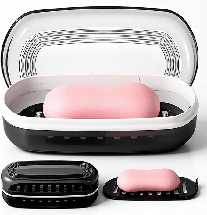 Shampoo Bar and Conditioner Holder Travel Case Shampoo Bar Holder Bars Soap Travel Case Soap Dish with Draining Layer Soaps Container for Bathroom Gym Camping, Easy to Clean (Black)