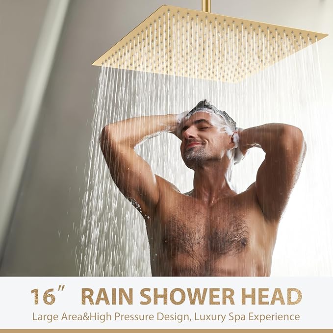 Gold Rain Shower Head, 16 Inch Ultra Thin 304 Stainless Steel Square Rainfall Shower Head, Full Body Coverage with 324 Silicone Nozzle Waterfall Showerhead