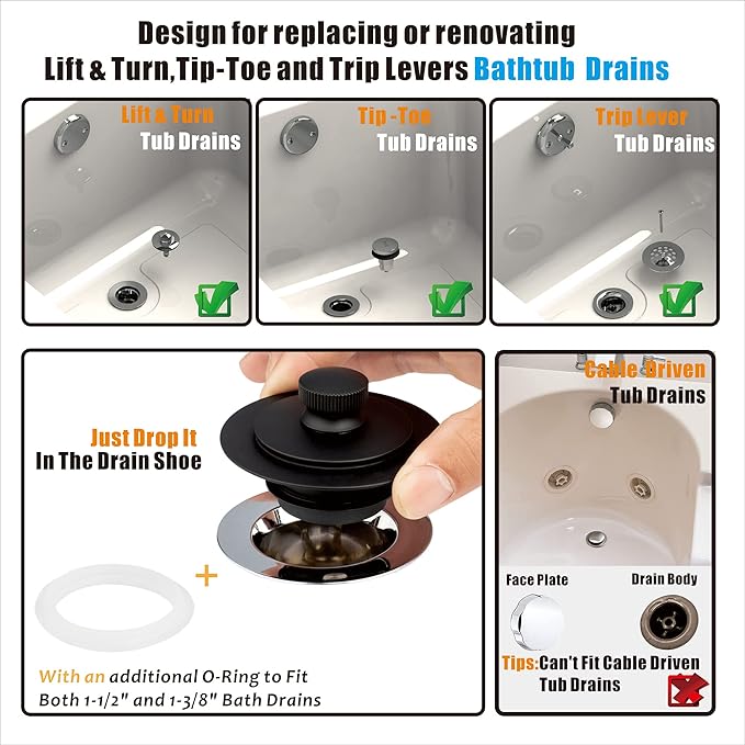 Artiwell Universal Lift and Turn Bath Drain Stopper and Cover, Bathtub Drain Stopper, Replaces Lift and Turn, Tip-Toe and Trip Lever drains for Tub, EZ Installation and Clearing (MATT Black)