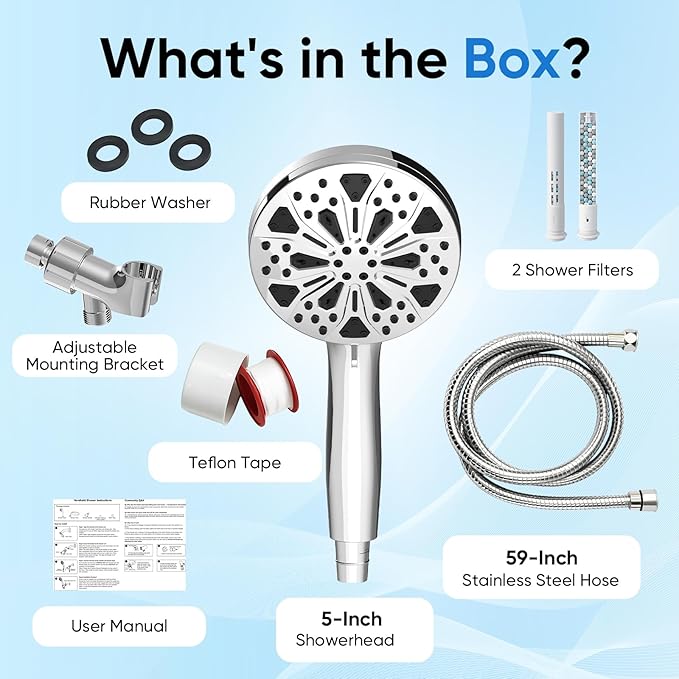 High Pressure Handheld Shower Head, 5" Large 10-Mode Filtered Showerhead with 59" Stainless Steel Hose, Hard Water Filter, Detachable Sprayer for Bathroom, Tile Cleaning & Pet Bathing
