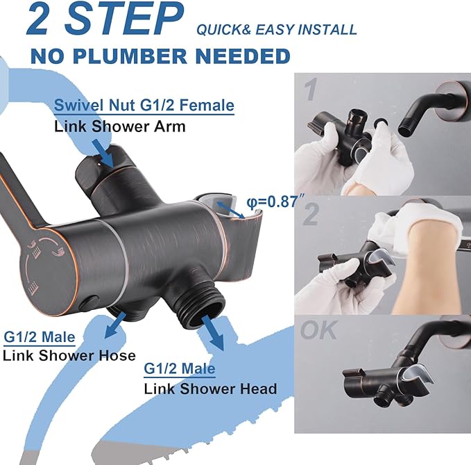 3 Way Shower Diverter Valve with Hand Shower Holder, G1/2 Shower Head Splitter, Shower Arm Diverter, Bathroom Universal Shower System Replacement Part (Oil Rubbed Bronze)