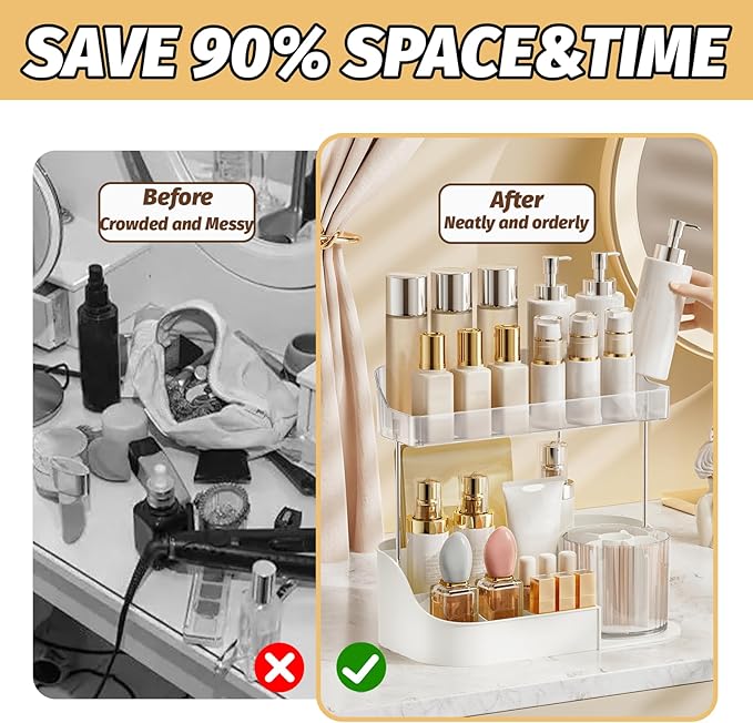 DASITON Large Capacity Makeup Organizer with 360° Rotating Makeup Brush Holder, Perfume and Skincare Storage Organizers for Vanity Bathroom Countertop, Cosmetic Display Case (White, 2 Tier)