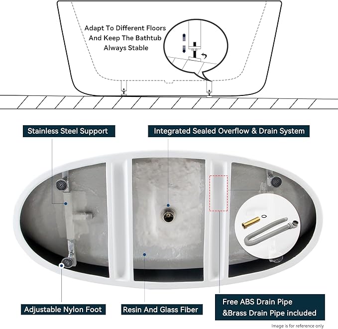 FerdY Tahiti 67" Freestanding Bathtub Elegant Oval Shape, Glossy White Double Walled Insulation bathtub with Center Polished Gold Drain & Overflow, cUPC Certified