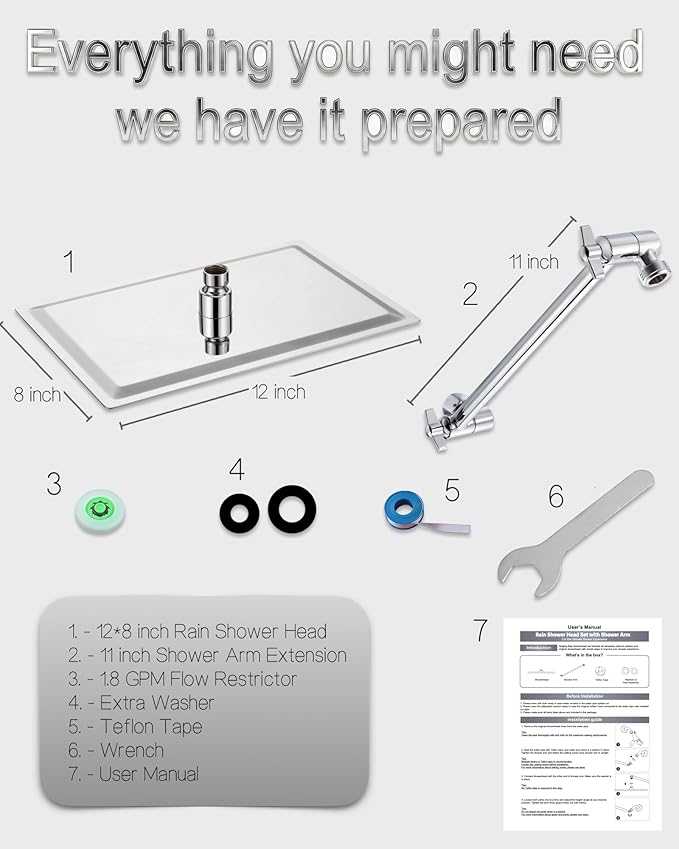 All Metal Rain Fixed Shower Head, 12 * 8'' High Pressure Rainfall Rectangle Showerhead with 11" Shower Head Extension Arm, Waterfall fixed Showerheads, Chrome