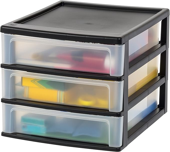 IRIS USA Plastic Stacking Desk Top 3-Drawer Storage Organizer, 1-Pack, for Makeup Vanity Nail Polish Bathroom Stationery Art Craft Supplies Kitchen Office Garage and Small Organization, Medium, Black