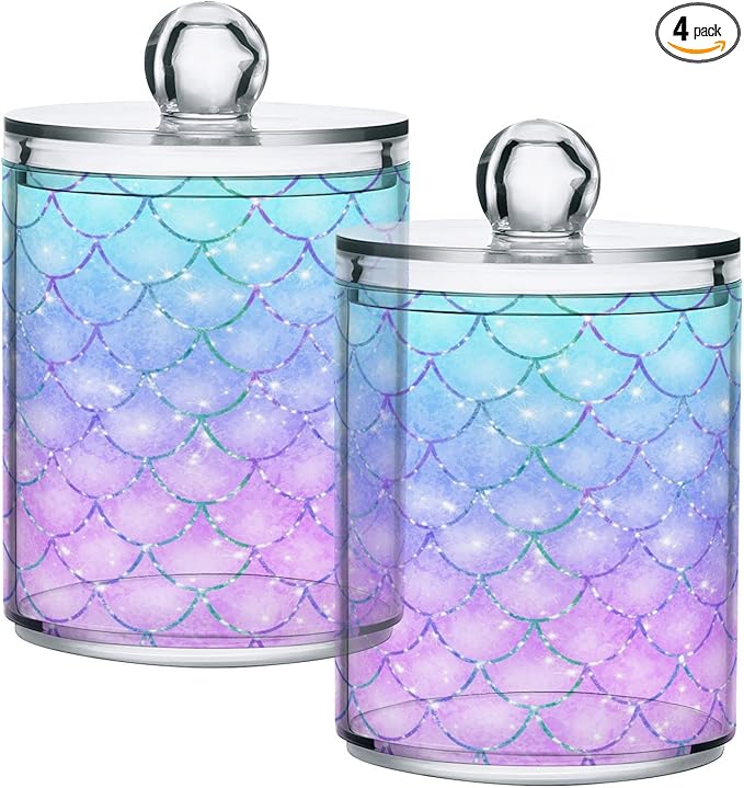 MNSRUU 4 Pack Qtip Holder Organizer Dispenser Pink Blue Mermaid Scales Bathroom Containers Bathroom Vanity Storage Canister Apothecary Jars for Cotton Swabs/Pads/Floss