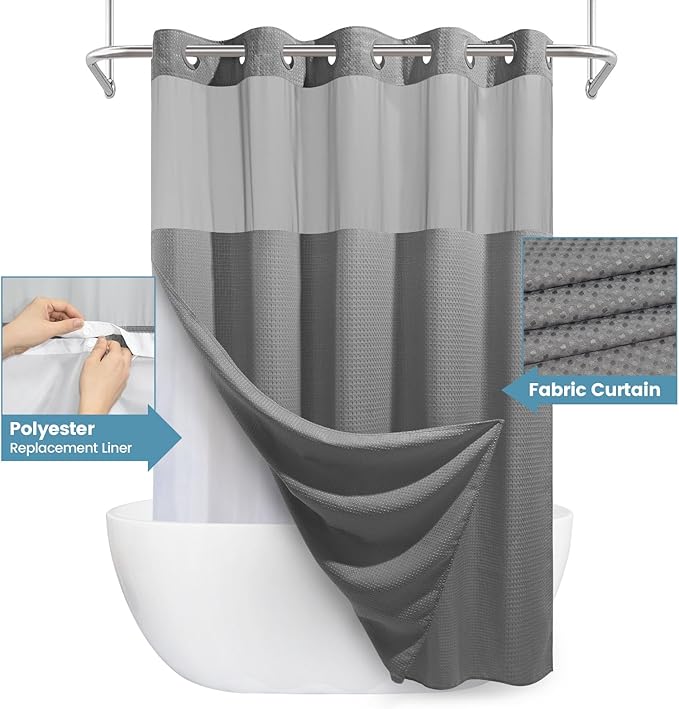 Grey Shower Curtain and Liner Set - 230GSM Waffle Weave Textured Heavy Duty,Hotel Luxury Weighted Bath Curtain,71W x 74H