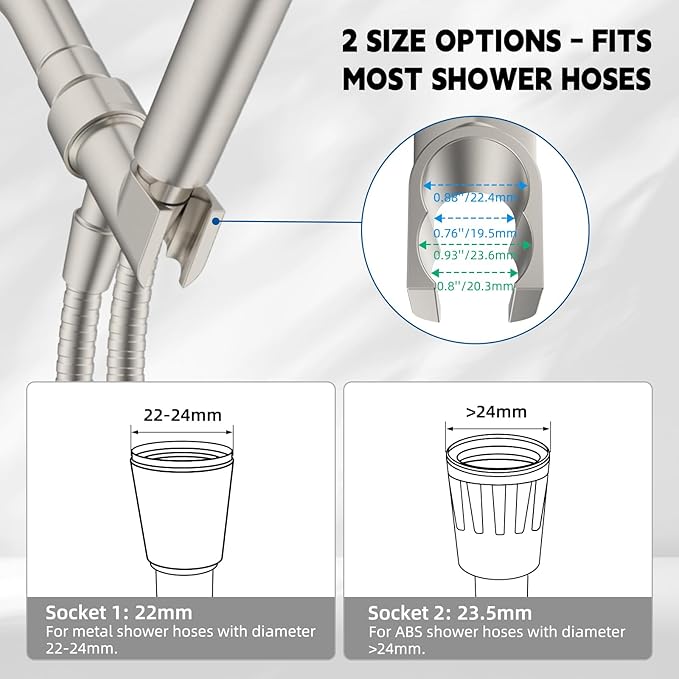 Hibbent Universal All Metal Handheld Shower Head Holder, Adjustable Solid Brass Shower Wand Holder, 2 Size Shower Bracket Holes for Bathroom, Fits All Showerhead Hoses & Shower Arm, Brushed Nickel