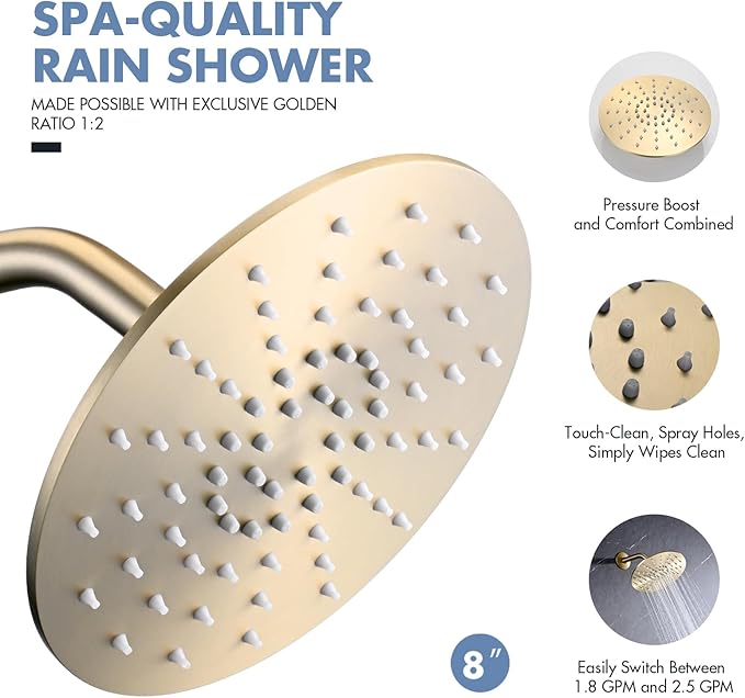 Rainfall Shower Head, MEDIOMI Rain Shower Head Set - Ultra-Thin Design High Flow Stainless Steel Large Round Rain Shower Heads with Shower Arm and Flange (8-Inch, Brushed Gold)